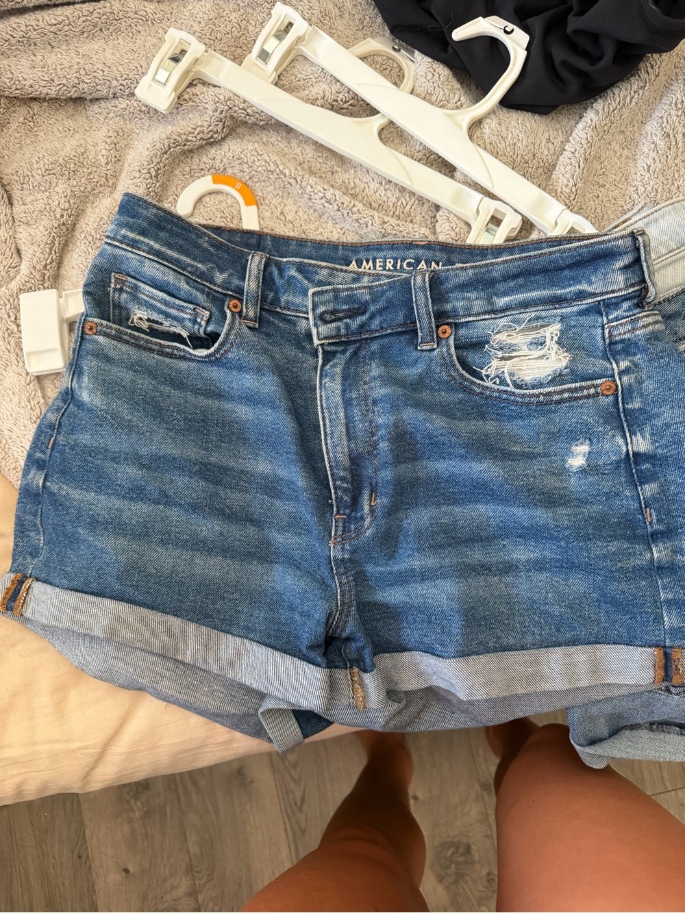 American Eagle Outfitters Distressed Blue Denim Roll-Cuff Shorts